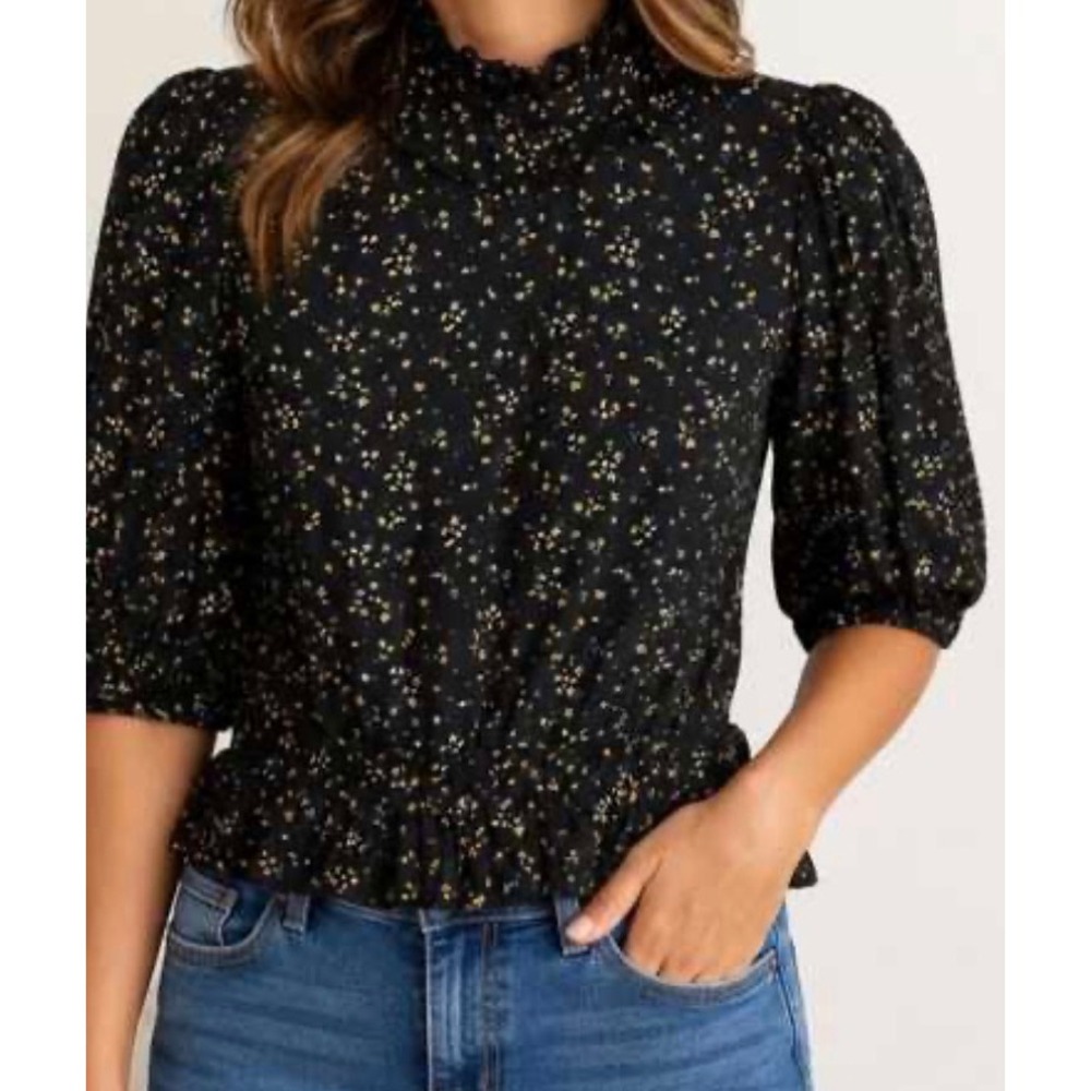 Ganni Black Floral Ruffle High Neck Puff Sleeve Smocked Waist Top Size 40